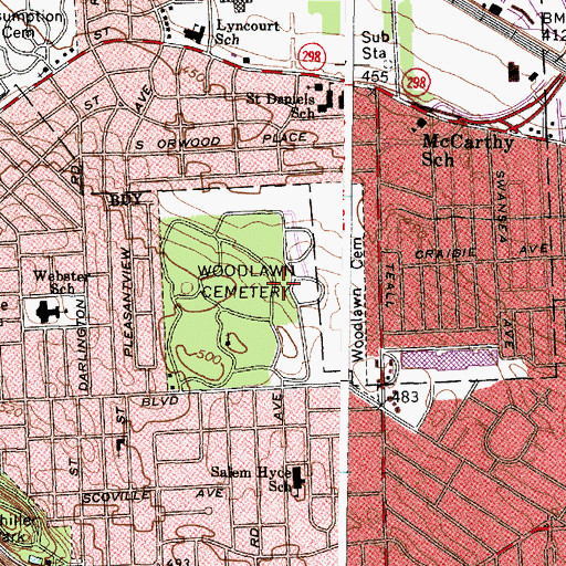 Topographic Map of Woodlawn Cemetery, NY