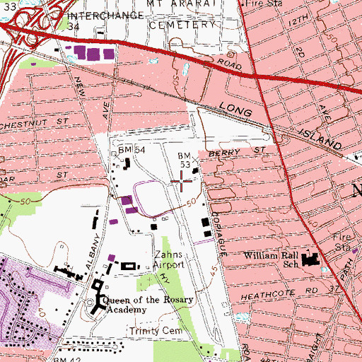 Topographic Map of Zahns Airport (historical), NY