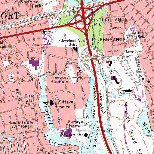 Topographic Map of Freeport Stadium (historical), NY