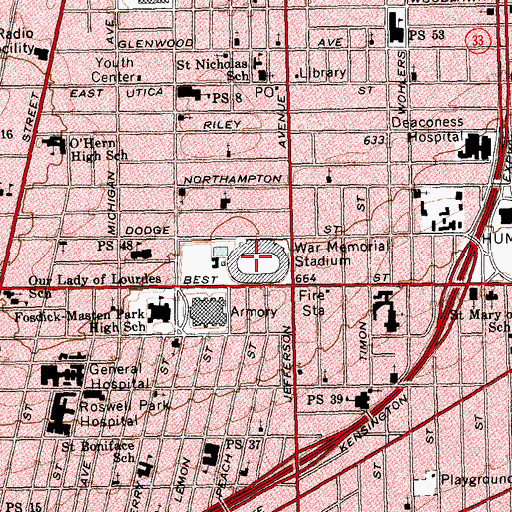 Topographic Map of War Memorial Stadium (historical), NY