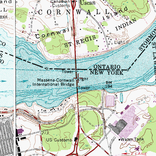 Topographic Map of Massena-Cornwall International Bridge, NY