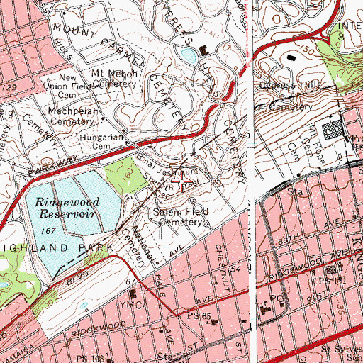 Topographic Map of B'nai Jeshurum and Shereth Israel Cemetery, NY