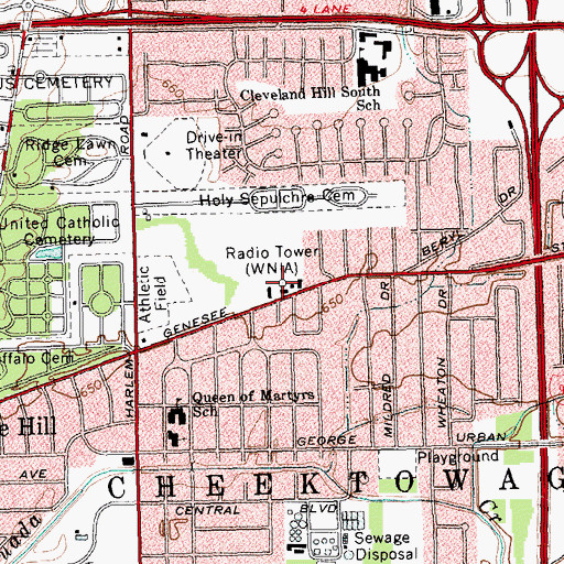 Topographic Map of WECK-AM (Cheektowaga), NY