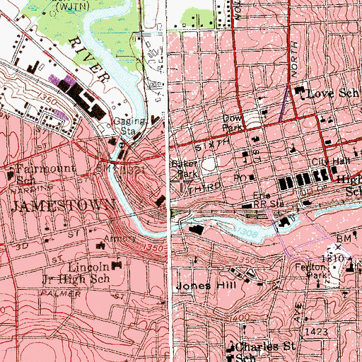 Topographic Map of WKSN-AM (Jamestown), NY