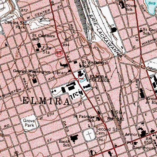 Topographic Map of WECW-FM (Elmira), NY