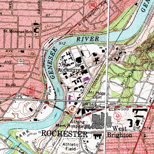 Topographic Map of WRUR-FM (Rochester), NY