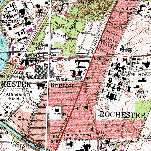 Topographic Map of WRUR-FM (Rochester), NY