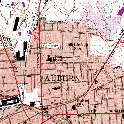 Topographic Map of Auburn Memorial Hospital Heliport, NY