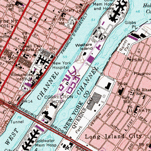 Topographic Map of Roosevelt Island, NY