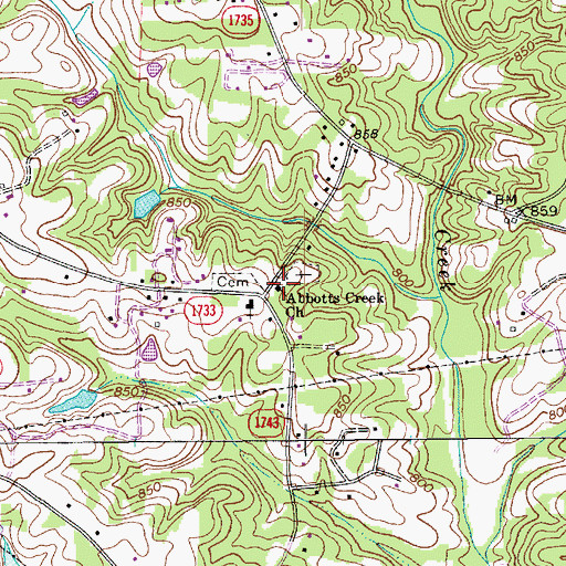 Topographic Map of Abbotts Creek Primitive Baptist Church, NC