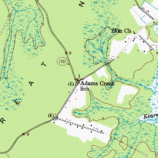 Topographic Map of Adams Creek School, NC