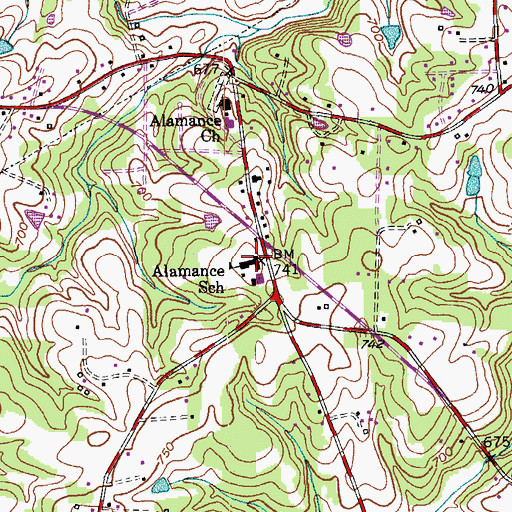 Topographic Map of Alamance School, NC