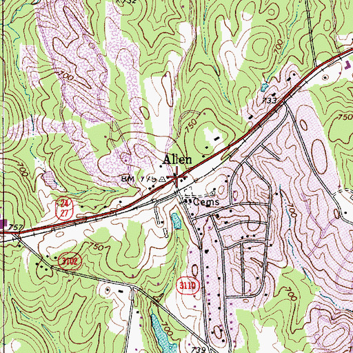 Topographic Map of Allen, NC