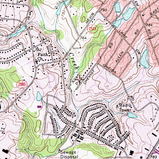 Topographic Map of Allen Hills Park, NC