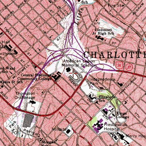 Topographic Map of American Legion Memorial Stadium, NC