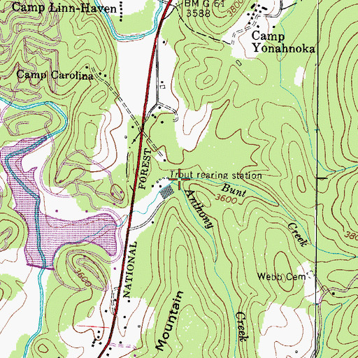 Topographic Map of Anthony Creek, NC