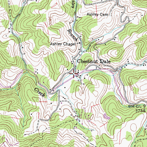 Topographic Map of Ashley Branch, NC