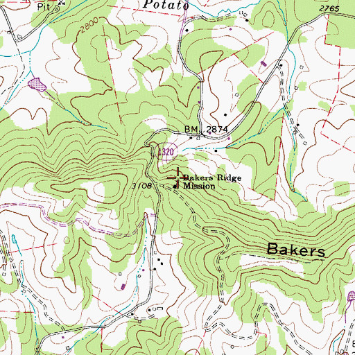 Topographic Map of Bakers Ridge Mission, NC