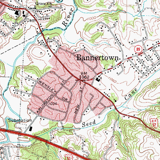 Topographic Map of Bannertown, NC