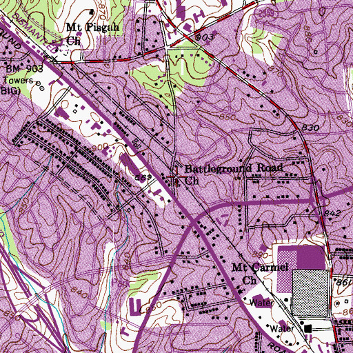 Topographic Map of Battleground Road Church, NC
