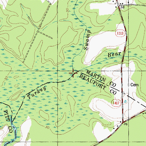 Topographic Map of Bear Grass Swamp, NC