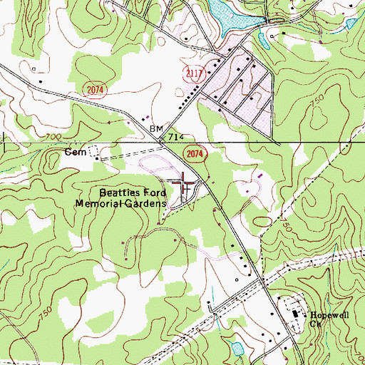 Topographic Map of Beatties Ford Memorial Gardens, NC
