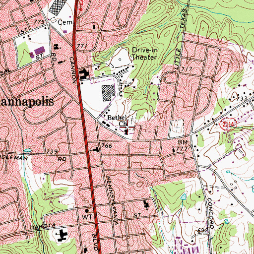 Topographic Map of Bethel Church, NC
