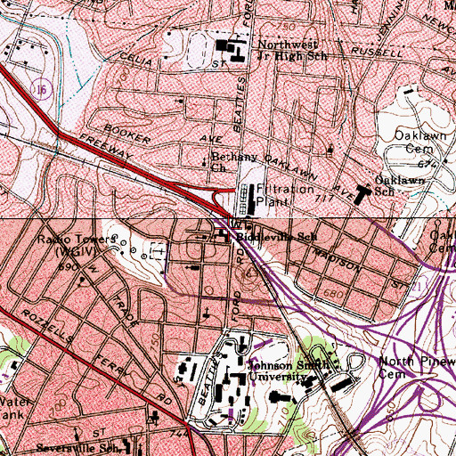 Topographic Map of Biddleville School, NC