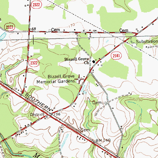 Topographic Map of Bizzell Grove Memorial Gardens, NC