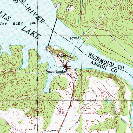 Topographic Map of Blewett Falls Lake, NC