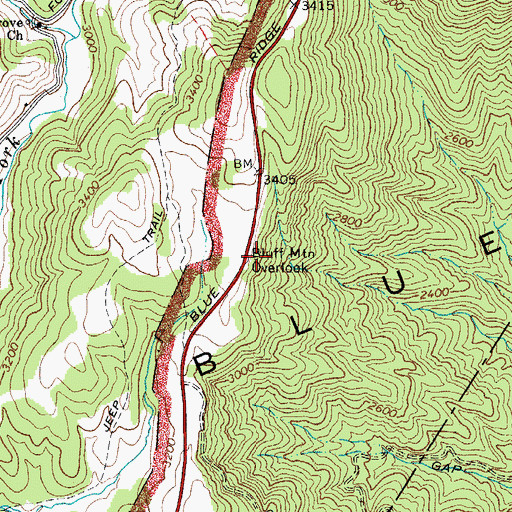 Topographic Map of Bluff Mountain Overlook, NC