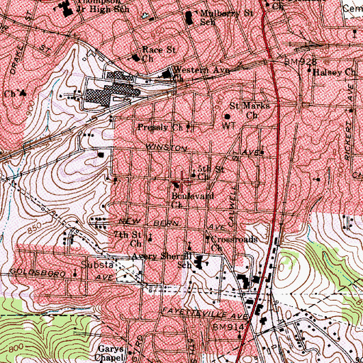 Topographic Map of Boulevard Church, NC