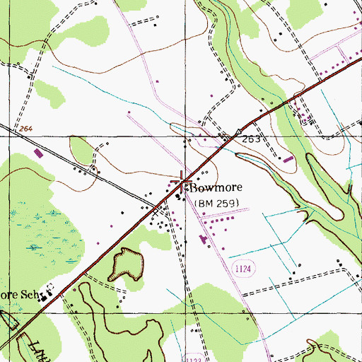 Topographic Map of Bowmore, NC