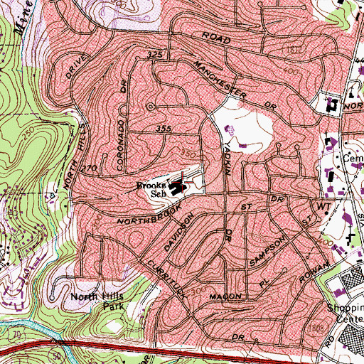 Topographic Map of Brooks Museums Magnet Elementary School, NC