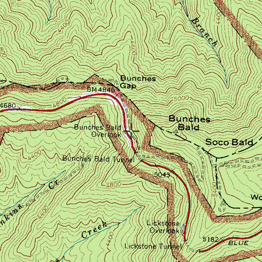 Topographic Map of Bunches Bald Overlook, NC