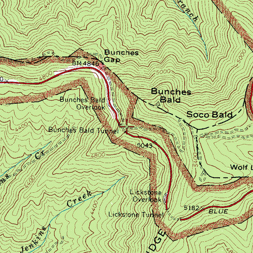 Topographic Map of Bunches Bald Tunnel, NC