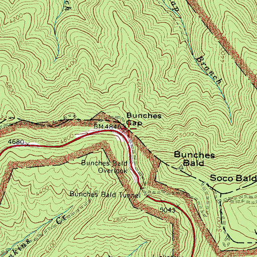 Topographic Map of Bunches Gap, NC