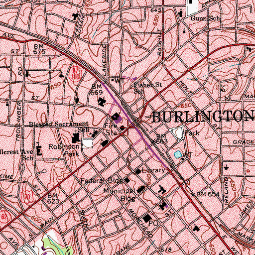 Topographic Map of Burlington, NC