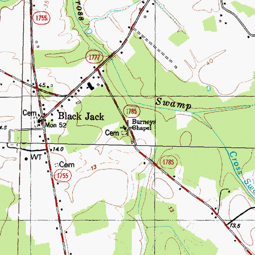 Topographic Map of Burneys Chapel, NC