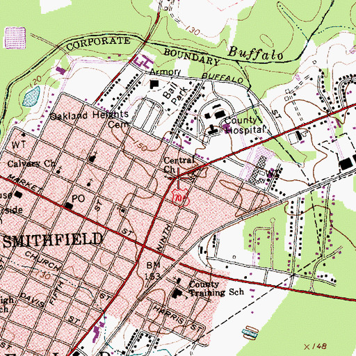Topographic Map of Central Church, NC