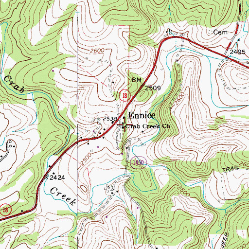 Topographic Map of Crab Creek Primitive Baptist Church, NC