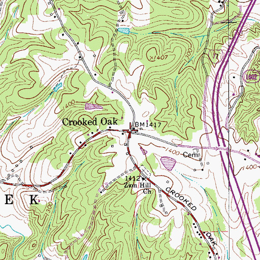 Topographic Map of Crooked Oak, NC
