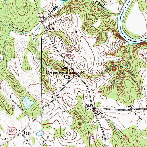 Topographic Map of Crossroads Church, NC