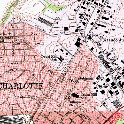 Topographic Map of Druid Hills Elementary School, NC