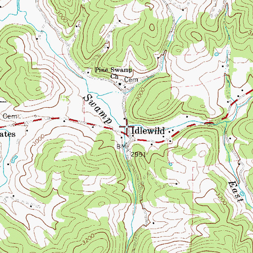 Topographic Map of East Fork Pine Swamp Creek, NC
