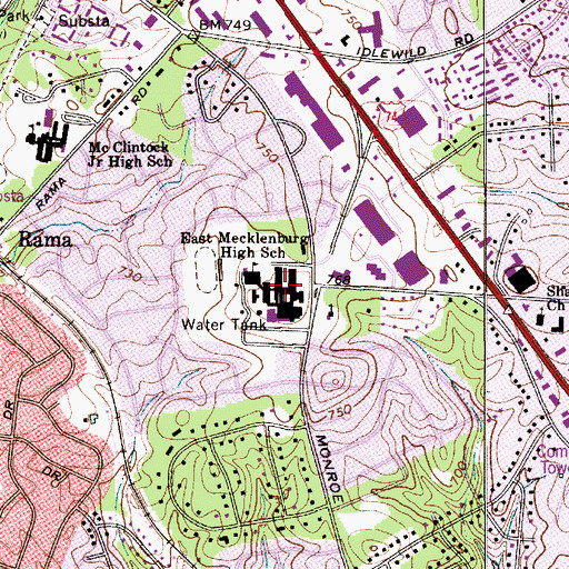 Topographic Map of East Mecklenburg High School, NC