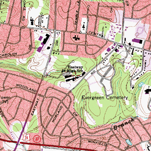 Topographic Map of Eastway Middle School, NC