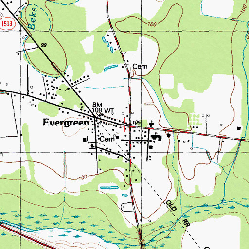 Topographic Map of Evergreen, NC