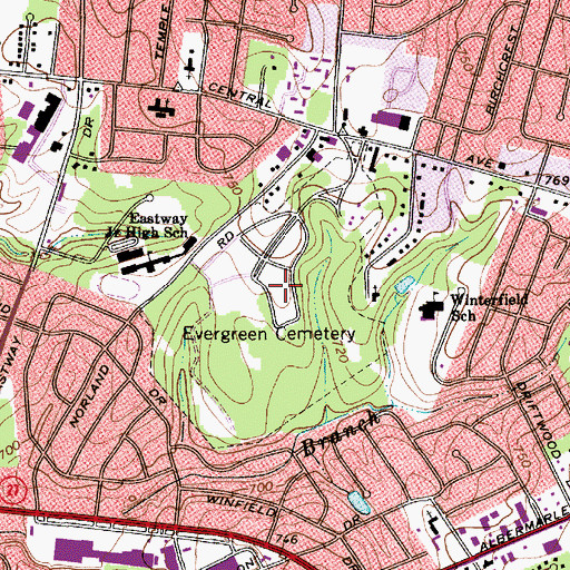 Topographic Map of Evergreen Cemetery, NC