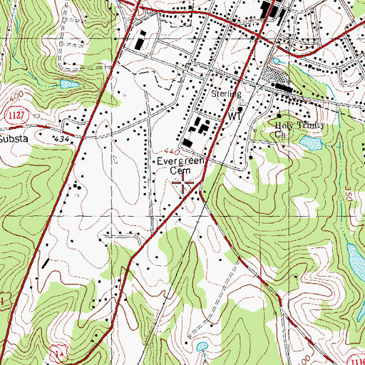 Topographic Map of Evergreen Cemetery, NC